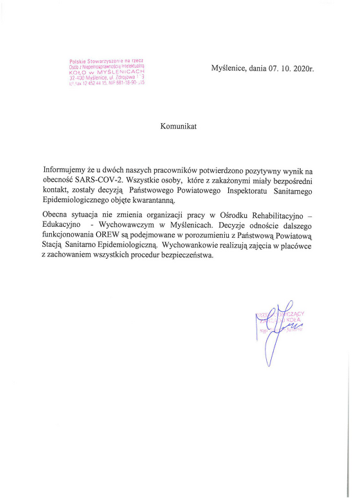 Informacja dla Rodziców naszych Wychowanków