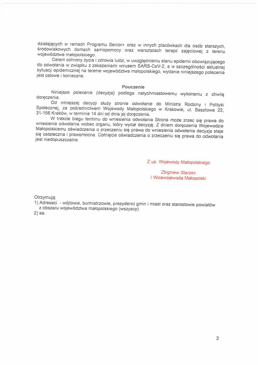 Decyzja Wojewody Małopolskiego - Zawieszenie działalności ŚDS